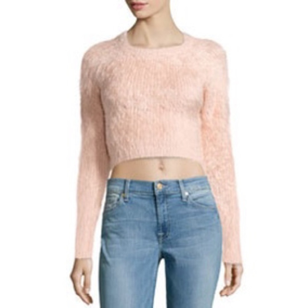 Lovers + Friends Powder Pink Cropped Fuzzy Pink Dolly Sweater Size Small